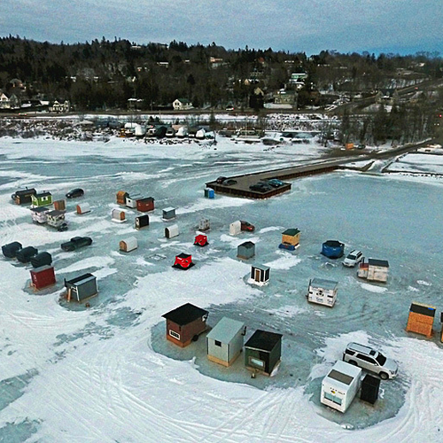 Aerial drone shot of Renforth Ice Fishing Village in Rothesay, New Brunswick Canada.