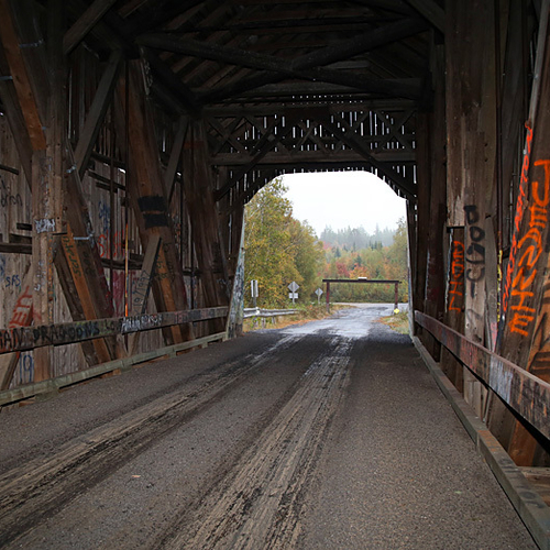 An interior view of the Burpee Bridge at Upper Gaspereau near Chipman, New Brunswick.