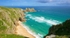 Pendn Vounder Beach and the Logan Rock, Cornwall.