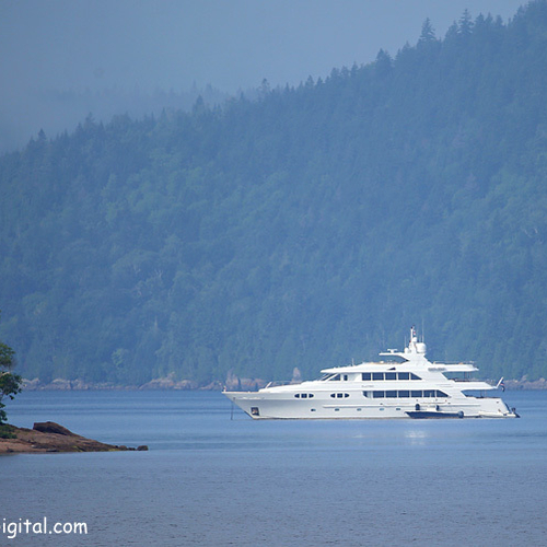 The luxury yacht 'Playpen' can be seen docked off the northeast corner of Mathers Island.