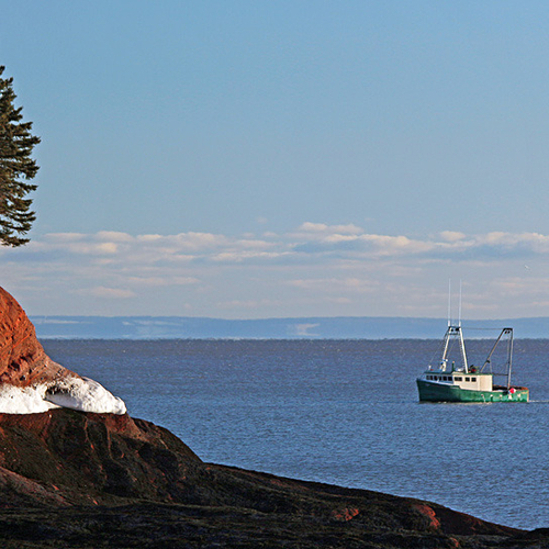 With the coastline of Nova Scotia in the backdrop, a lobster boat heads for it's trapping grounds.