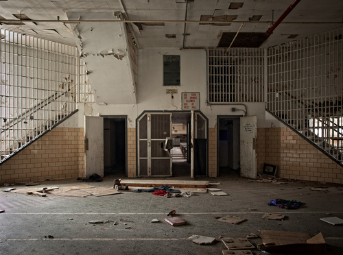 Entryway to the cafeteria. Stairways lead to the auditorium. Essex County Jail Annex, Caldwell NJ. 2008. Photograph b…