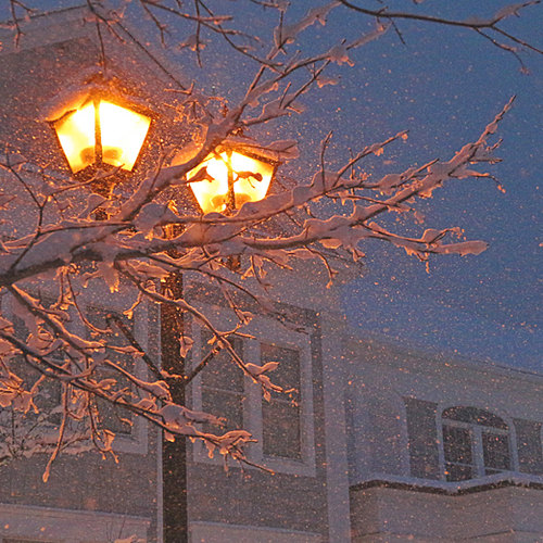 A winter storm moves into central Rothesay, New Brunswick, Canada.