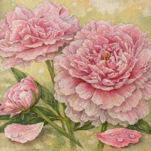 She paints with realism, as you can almost smell the fresh, early morning fragrant pickings of this lovely bouquet. P…