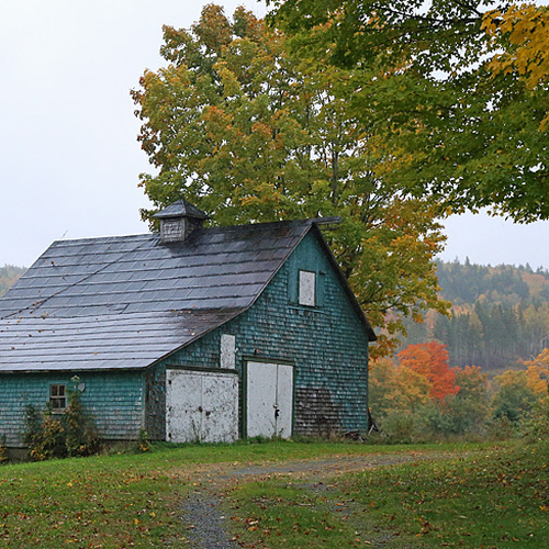 A vintage saltbox barn with telltale catslide roof and cedar shingles spotted in rural Albert County, New Brunswick.
