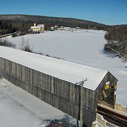 An aerial view of Bloomfield Creek Covered Bridge in Kings County, New Brunswick, Canada.