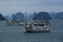 Tourist boats anchored in Ha Long Bay at sunset