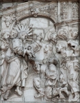 Façade, left portal relief closeup, St. Peter Receiving the Keys