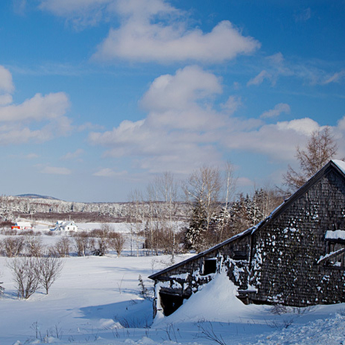 A saltbox barn with a catslide roof & now with decided lean in rural Kings County, NB, Canada.