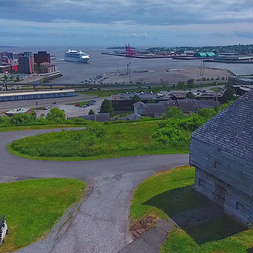 An elevated look at Saint John Harbor and as seen from behind and above the fort itself.