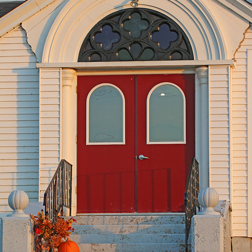 A pumpkin display welcomes guests to the Sacred Heart Church in Norton, New Brunswick.