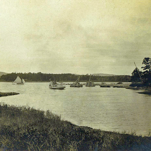 An early view of boats & yachts and a club building along the Kennebecasis River at Rothesay, New Brunswick