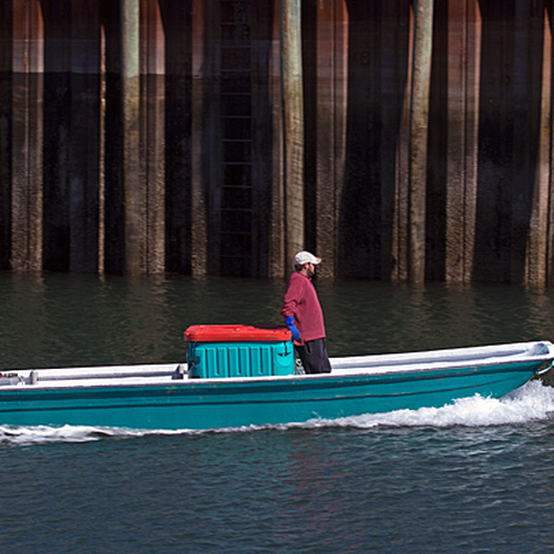 A small outboard makes it's way out from seal harbor and for a day of fishing.
