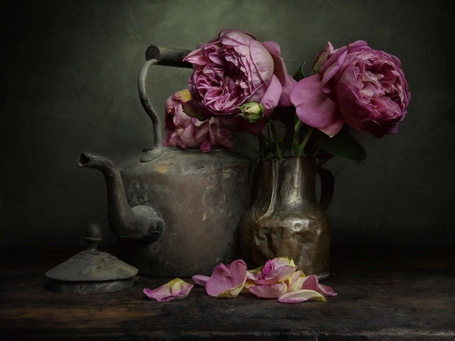 Rose Petals. Light-painted still-life featuring double rose flowers and vintage items. Lit with diffused torchlight.