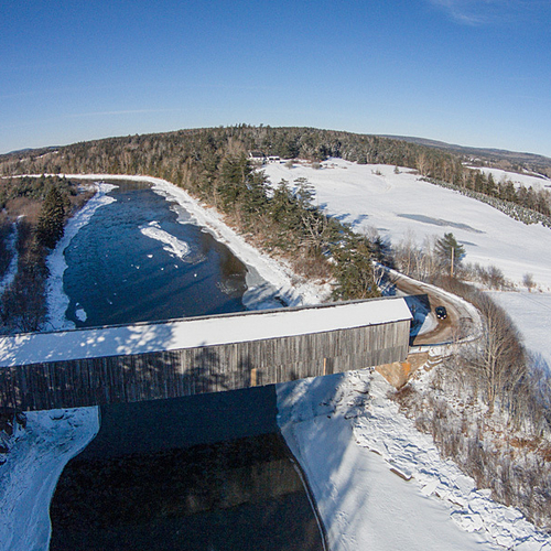 An aerial view of the Smithtown Covered Bridge (aka Hammond River #3) and taken on a chilly, sunny afternoon in late…