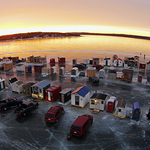 Ice shacks @ Sunset - Renforth New Brunswick Canada Aerial View