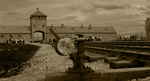 Birkenau entrance and points sepia
