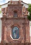 San Juan Bautista, façade, choir loft window & gable