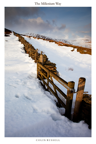 Snow drifts and evening light on the Millenium Way Path on the slopes of Carraghan, on the last day of February 2010,…