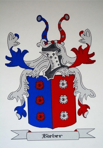 Family Coat of Arms for the Bieber Family - Photo Size: 8"x10", Price $55.00, Plus Shipping and Packaging shown above.