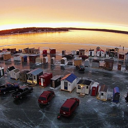 An aerial view of the Renforth ice huts and taken just as the sun was taking it's leave for the day.