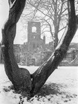 Black and White Photograph of Kirkstall Abbey in Winter