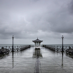 Swanage Pier in heavy rain.