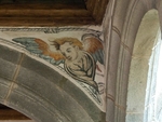 San Gabriel, lower cloister walk arch, spandrel mural, cherub