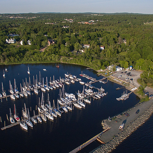 An Aerial Drone view of the Rothesay wharf and yacht club in Kings County, New Brunswick, Canada.
