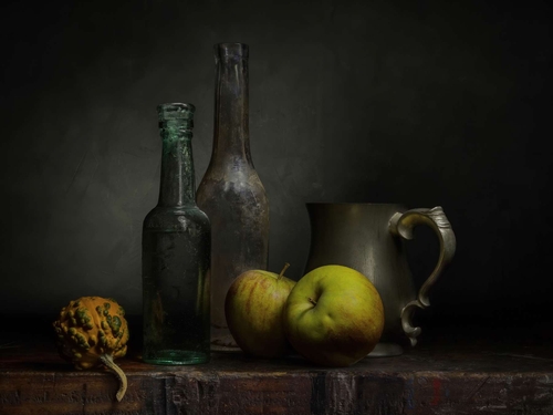 Apples and a Gourd. Light-painted still-life photograph featuring apples, a gourd and some vintage items. Lit by diff…