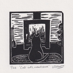 Cat with Woodstove - linocut
