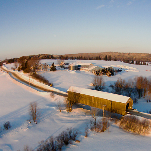 An Aerial View of the Tranton Covered Bridge in Roachville, New Brunswick, Canada. Also known as the Smith Creek #1 C…