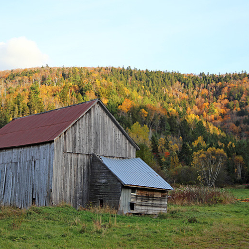 An old hay barn with a slight lean sits in a field near Sussex, New Brunswick.
