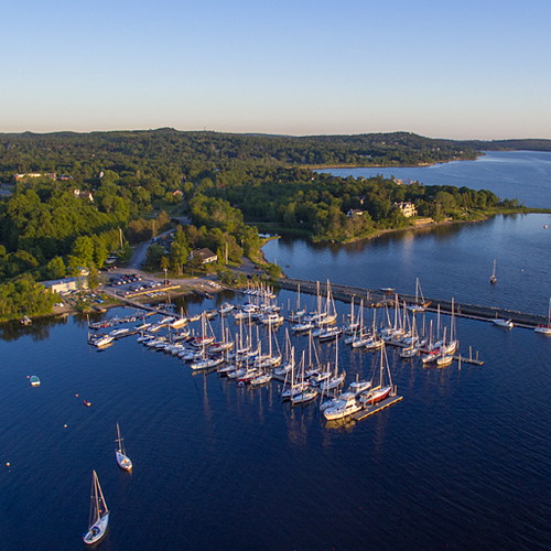 From high above the Rothesay Yacht Club and looking southwest towards the church district & common.
