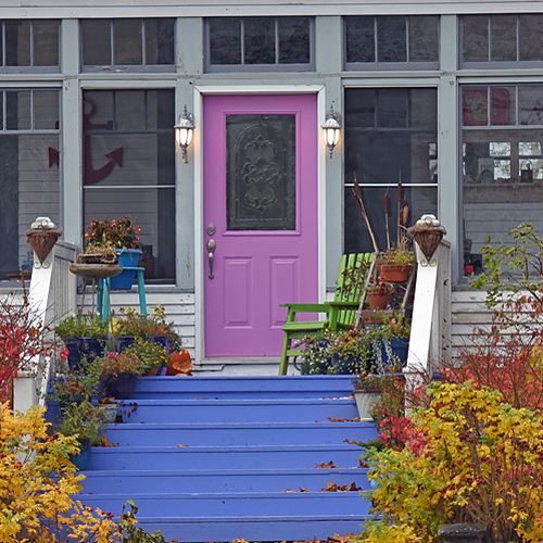 Colorful foliage and steps welcoming autumn visitors.