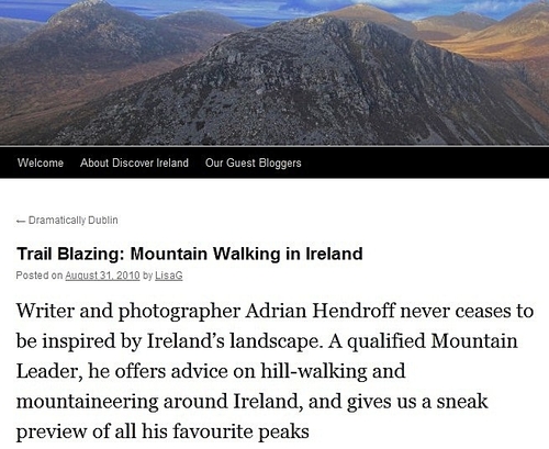 Link to the blog:
http://blog.discoverireland.com/2010/08/trail-blazing-mountain-walking-in-ireland/