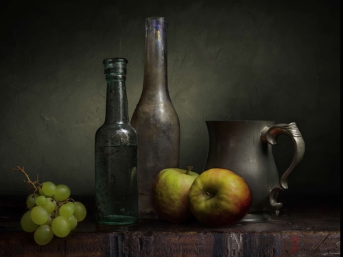 Grapes and Two Apples. Light-painted still-life photograph inspired by the work of French painter Jean-Siméon Chardin…