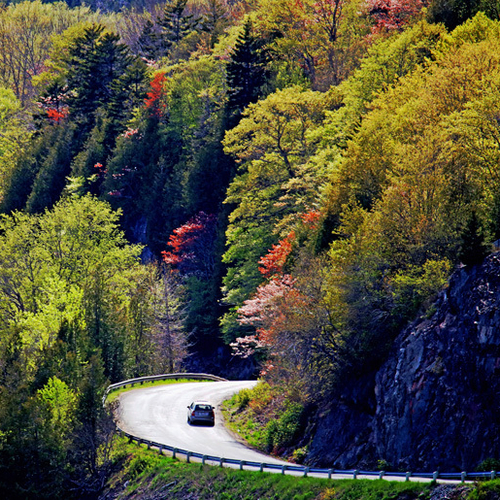 A car zooms along picturesque route 845 @ Clifton Royal on New Brunswick's Kingston Peninsula. The emerging spring fo…