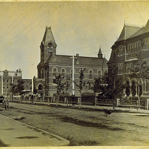 An early Gelatine silver print mounted on card by George Burkhardt. Normal School, City Hall, Lottimer's Shoe Store a…