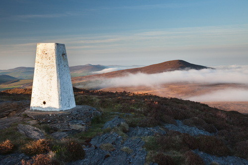 The Triangulation Pillar at Cronk Ny Arrey Laa. Looking towards South Barrule as Mannanan's cloak slowly covers the I…