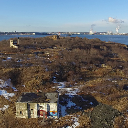 Hovering over the west end of Partridge Island & looking eastward towards the City of Saint John.