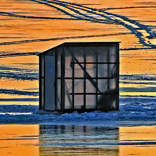 Ice shack on Belleisle Bay @ Sunset