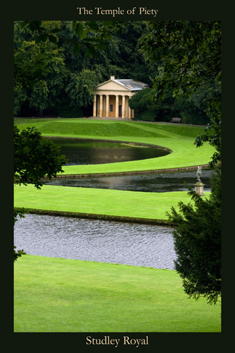 Studley Gardens, Yorkshire. The Temple of Piety and statue of Bachus.