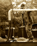 WLLR Joan takes on water at Welshpool Raven Square detail sepia