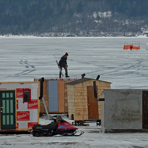 Roof repairs on an ice shack @ Renforth Wharf in Rothesay, NB, Canada.