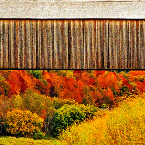 Macro of the Florenceville Covered Bridge amid peak fall colors in Carleton County New Brunswick.