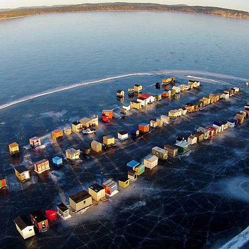An aerial view of the Renforth ice shacks and looking north towards Long Island.