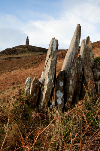 Milner's Tower, Bradda Head, framed by the stones of an old hedge.