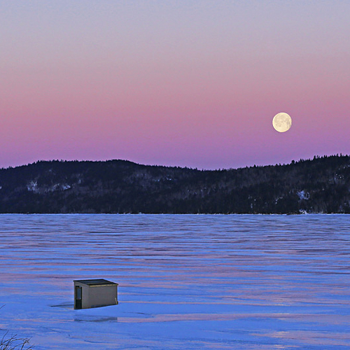 A lone ice shack surrounded by the twilight reflections of a late winter's morn.