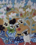 Pug, porcelain and pansies
